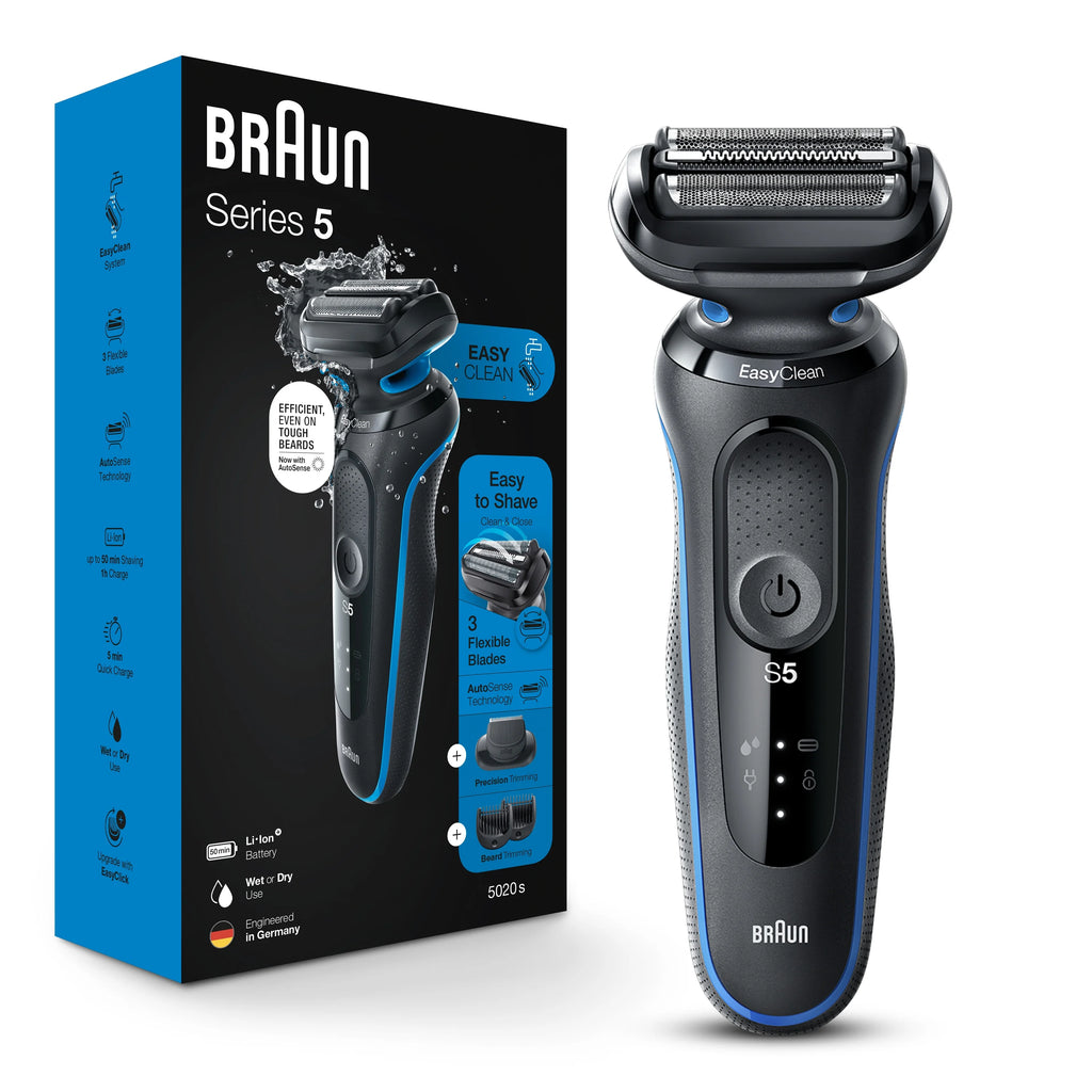 Braun Series 5 5020s Electric Shaver with Beard Trimmer, Wet & Dry, Rechargeable, Cordless Foil Shaver, Blue