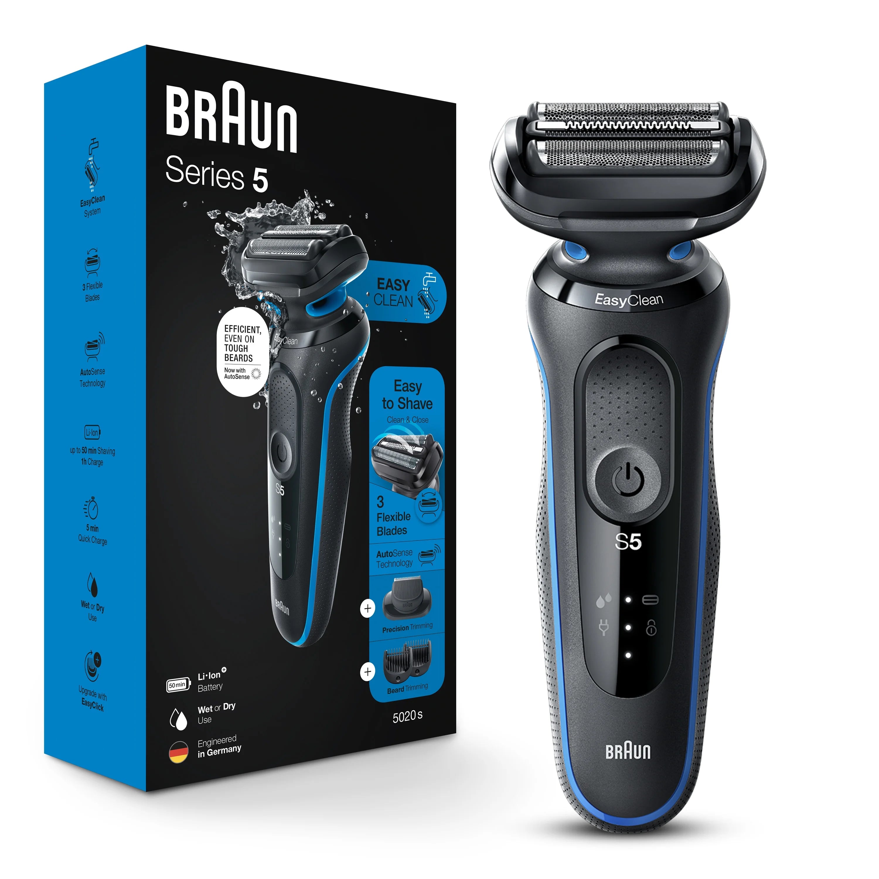 Braun Series 5 5020s Electric Shaver with Beard Trimmer, Wet & Dry, Rechargeable, Cordless Foil Shaver, Blue