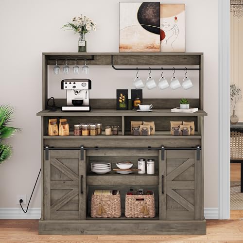 YITAHOME 47" Coffee Bar with Power Outlet & Storage, Farmhouse Sideboard Cabinet, White T961