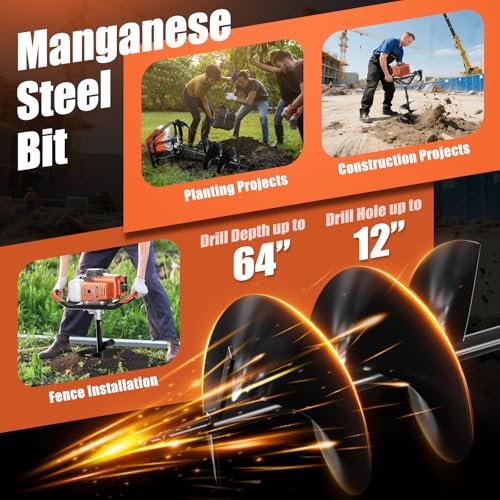 62cc Gas Powered Post Hole Digger with 2 Auger Drill Bits Q5993