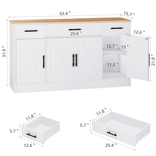 Shintenchi Buffet Cabinet with Storage, 53.4" White Farmhouse Sideboard D4274