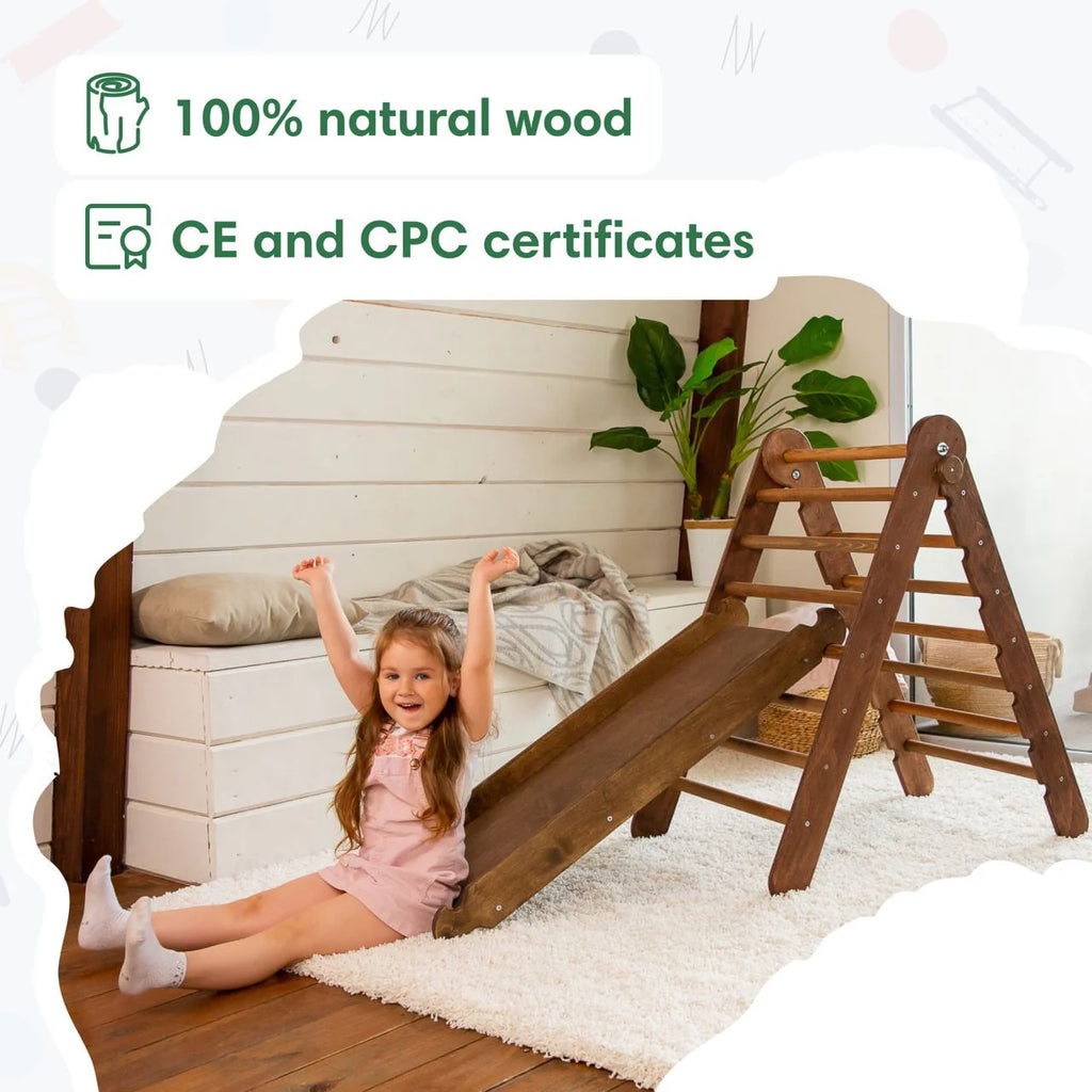 Montessori Wooden Foldable Indoor Playground with Climbing Arch, Slide Board & Spider Net for Kids K504037