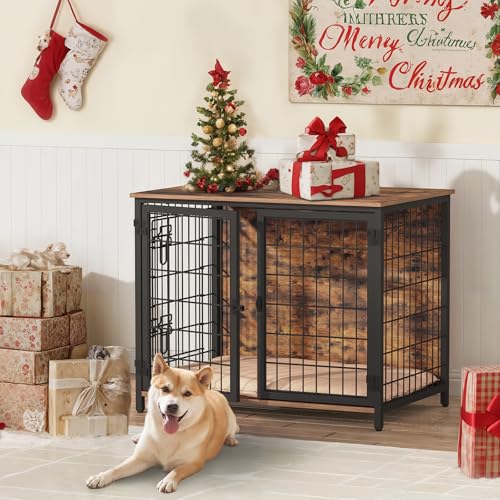 Wooden Dog Crate Furniture with Cushion, Double Doors, Greige X29262