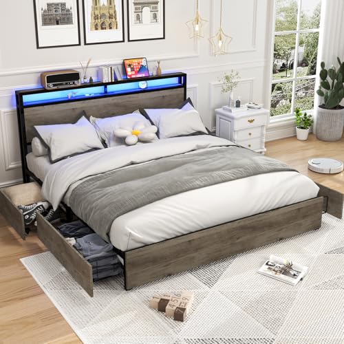Queen Size Bed Frame with 4 Storage Drawers, LED, Charging Station, Gray L1115