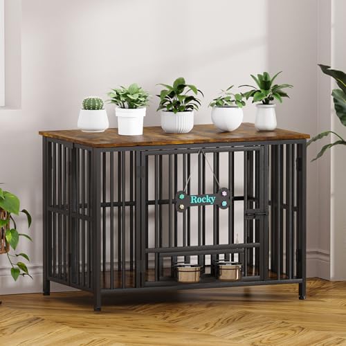 Easycom 41" Foldable Dog Crate Furniture with Adjustable Bowls, Rustic Brown M74490