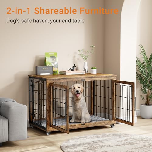 Lulive Dog Crate Furniture for Medium Dogs, 32" Wooden Kennel with Cushion & Wheels, Grey D230281