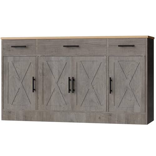 Shintenchi Buffet Cabinet with Storage,53.4" Large Kitchen Storage Cabinet with 3 Drawers and 4 Doors,Wood Farmhouse Buffet Sideboard with Adjustable Shelf for Kitchen Living Room,Ash Grey