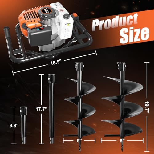 62cc Gas Powered Post Hole Digger with 2 Auger Drill Bits Q5993