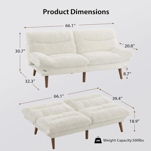 Pipishell Convertible Futon Sofa Bed, 66" Corduroy, Grey L81220