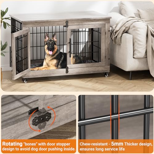 Lulive Dog Crate Furniture for Medium Dogs, 32" Wooden Kennel with Cushion & Wheels, Grey D230281