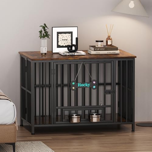 Easycom 41" Foldable Dog Crate Furniture with Adjustable Bowls, Rustic Brown M74490