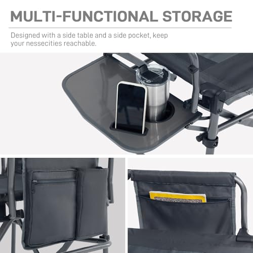 EVER ADVANCED Camping Directors Chair with Side Table, Portable Folding, Heavy Duty, Black T488