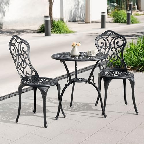 NUU GARDEN 3 Piece Cast Aluminum Bistro Set with Umbrella Hole, Black N80118