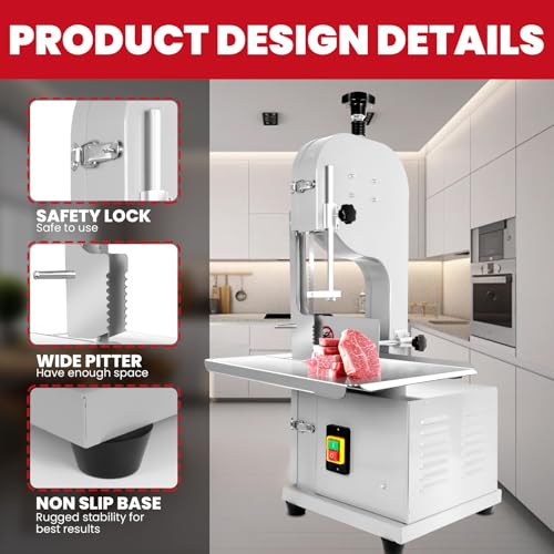 1500W Electric Meat Bone Saw, Stainless Steel Tabletop Bandsaw with 6 Blades D1604