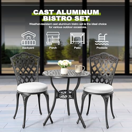 NUU GARDEN 3 Piece Cast Aluminum Bistro Set with Umbrella Hole, Black N80118