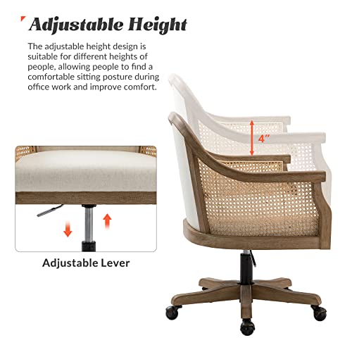 HULALA HOME Rattan Desk Chair, Upholstered Swivel Office Chair with Armrest, Ivory Z2505