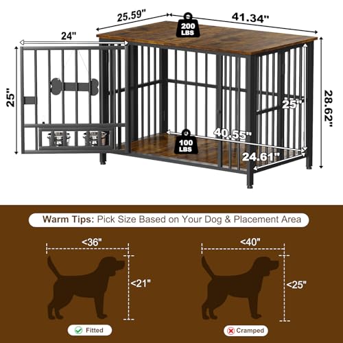 Easycom 41" Foldable Dog Crate Furniture with Adjustable Bowls, Rustic Brown M74490