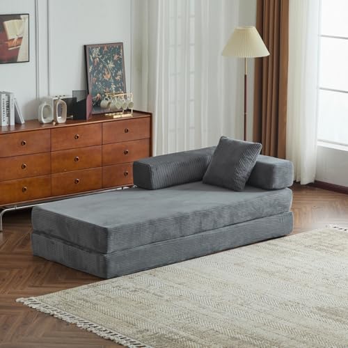 Corduroy Floor Sofa Bed with Backrest, Armrest and 2 Pillows, Dark Gray L776530