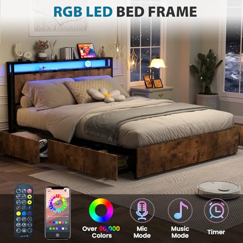 Queen Size Bed Frame with 4 Storage Drawers, LED, Charging Station, Gray L1115