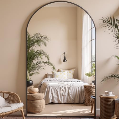 78" Oversized Arched Floor Mirror with Stand, Aluminum Frame, Black N18643