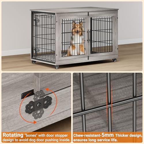 Lulive Dog Crate Furniture for Medium Dogs, 32" Wooden Kennel with Cushion & Wheels, Grey D230281