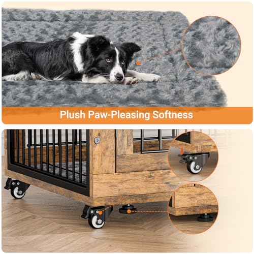 Lulive Dog Crate Furniture for Medium Dogs, 32" Wooden Kennel with Cushion & Wheels, Grey D230281