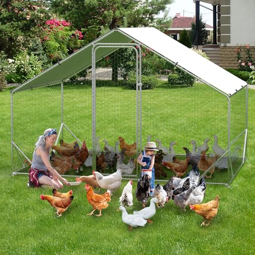 Large Metal Chicken Coop Walk-in Poultry Cage with Waterproof Cover, Double Lockable Doors X5588