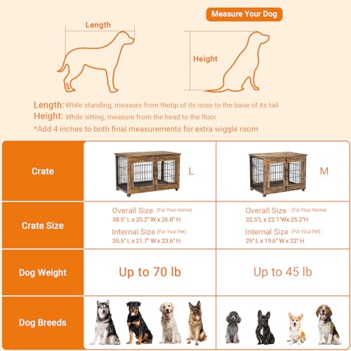 Lulive Dog Crate Furniture for Medium Dogs, 32" Wooden Kennel with Cushion & Wheels, Grey D230281