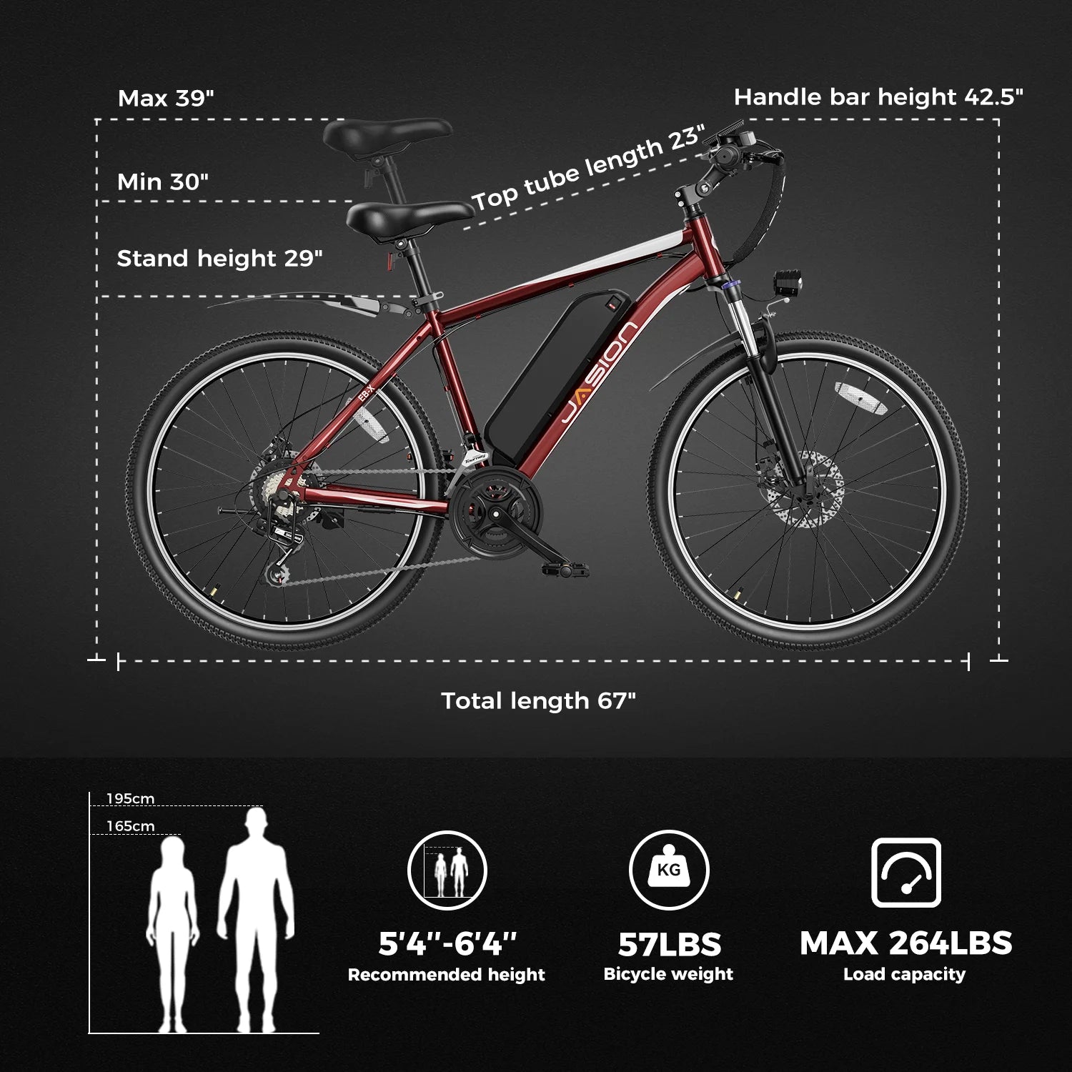 Jasion EBX 26 Electric Bike for Adults, 500W Motor, Removable Battery E693735