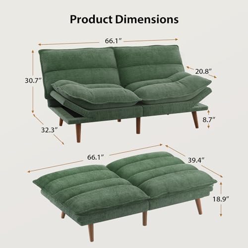 Pipishell Convertible Futon Sofa Bed, 66" Corduroy, Grey L81220
