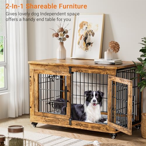 Lulive Dog Crate Furniture for Medium Dogs, 32" Wooden Kennel with Cushion & Wheels, Grey D230281