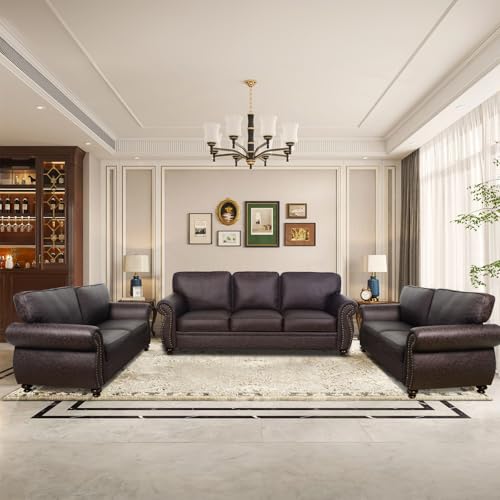 Mid-Century 3-Seater Sofa with Rivet Design, Removable Cover and Solid Wood Frame I150