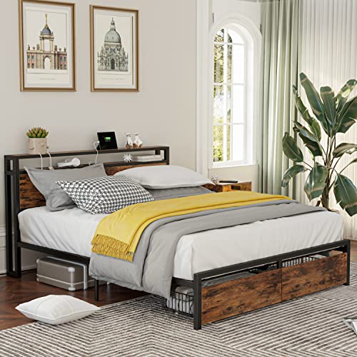LIKIMIO King Bed Frame with Storage Headboard and Charging Station, Vintage Brown X317