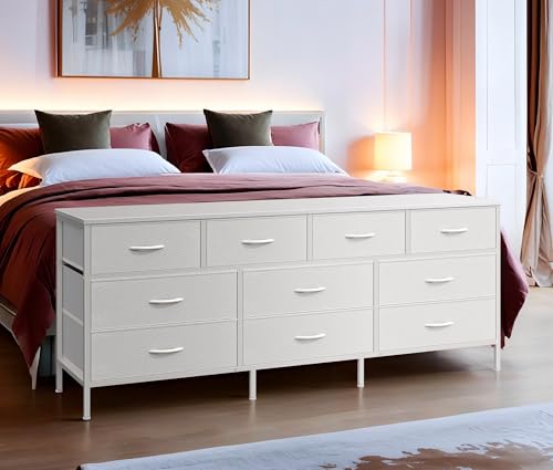 Huuger 63 Inch Dresser with 10 Fabric Drawers, Rustic Brown M836