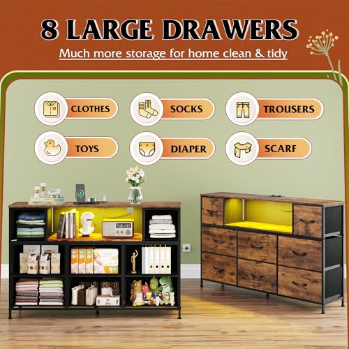 WLIVE Dresser for Bedroom with Charging Station and LED Lights, 8 Drawer R754