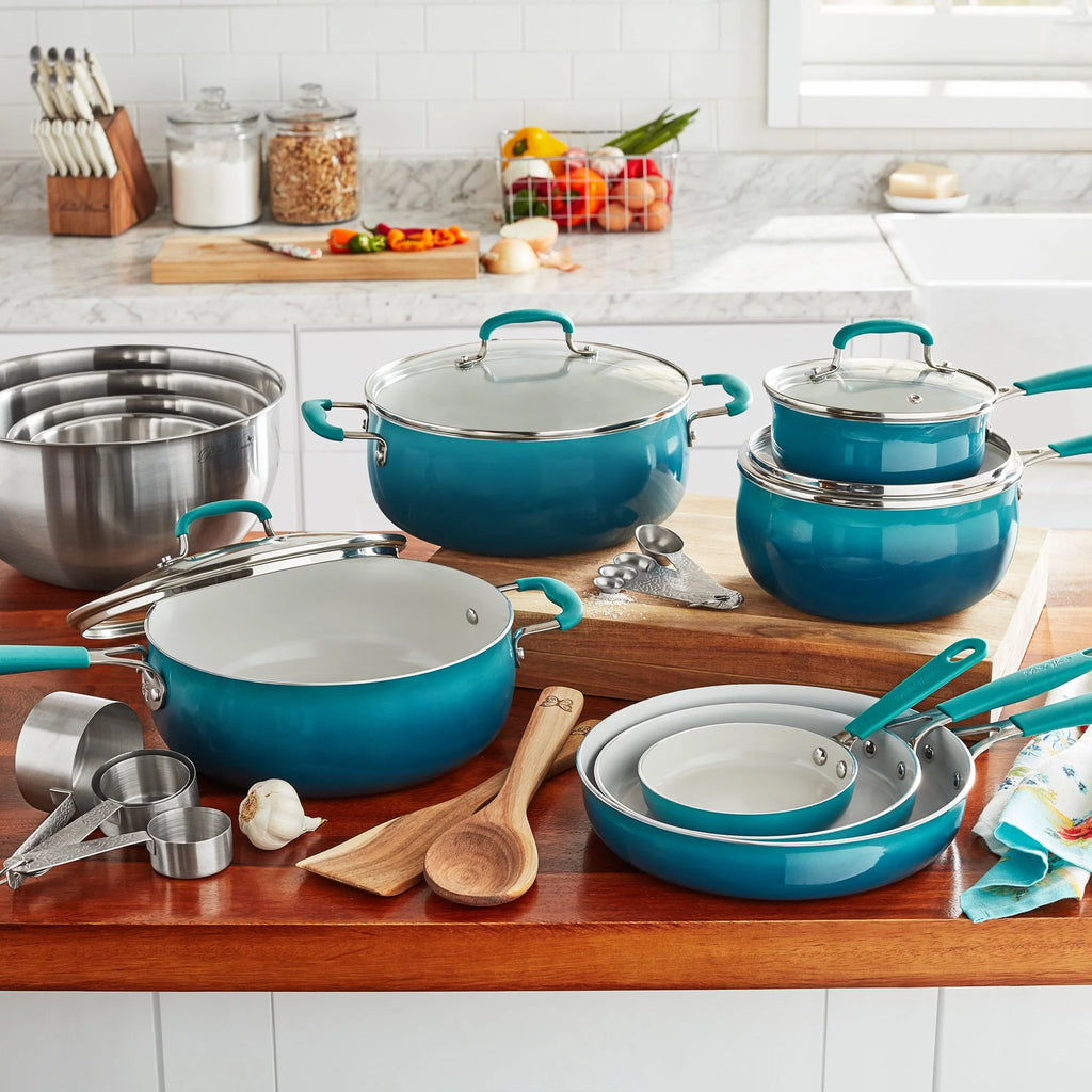 The Pioneer Woman 25 Piece Ceramic Nonstick Cookware Set, Ombre Teal T370