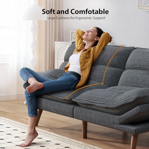 Pipishell Convertible Futon Sofa Bed, 66" Corduroy, Grey L81220