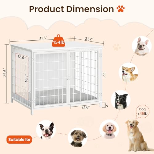 Wooden Dog Crate Furniture with Cushion, Double Doors, Greige X29262