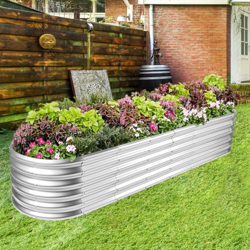Land Guard 8ft Galvanized Raised Garden Bed Kit, Oval Metal Outdoor Planter Box, Silver D8675