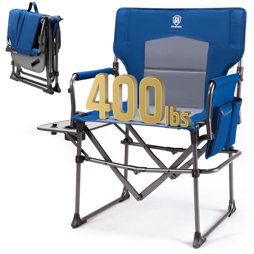 EVER ADVANCED Camping Directors Chair with Side Table, Portable Folding, Heavy Duty, Black T488