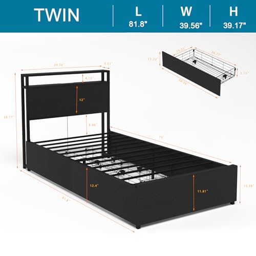 Full Size Bed Frame with Headboard, LED Lights, 4 Storage Drawers, Charging Station, Black C93321