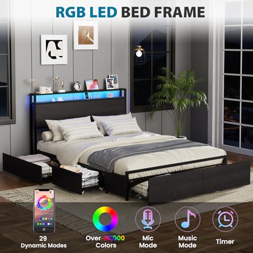 Full Size Bed Frame with Headboard, LED Lights, 4 Storage Drawers, Charging Station, Black C93321