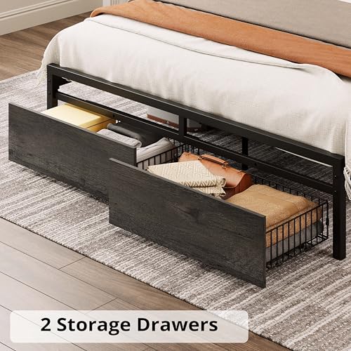 LIKIMIO King Bed Frame with Storage Headboard and Charging Station, Vintage Brown X317