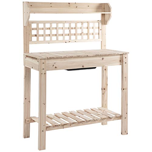 Outsunny Wooden Potting Bench Table with Sliding Tabletop and Storage Shelf M52235