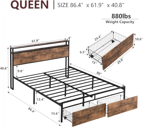 Queen Bed Frame with Headboard & Charging Station, Upholstered, 2 Storage Drawers, White T9445