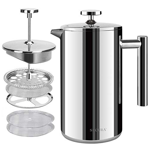 Secura French Press Coffee Maker, 34oz Stainless Steel Insulated, Silver W447