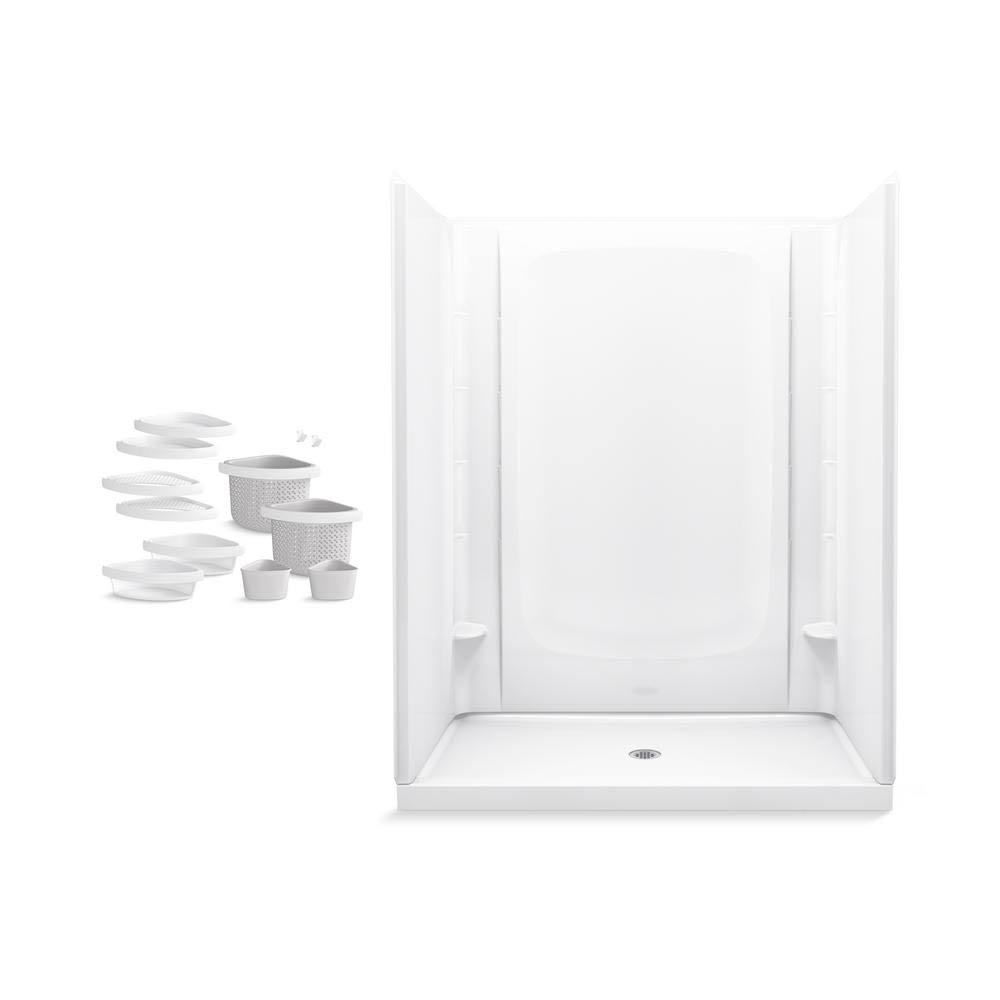 Sterling Store+ 60 in. x 34 in. Single Threshold Center Drain Shower Base with Shower Walls and 12-Piece Accessory Kit in White,
