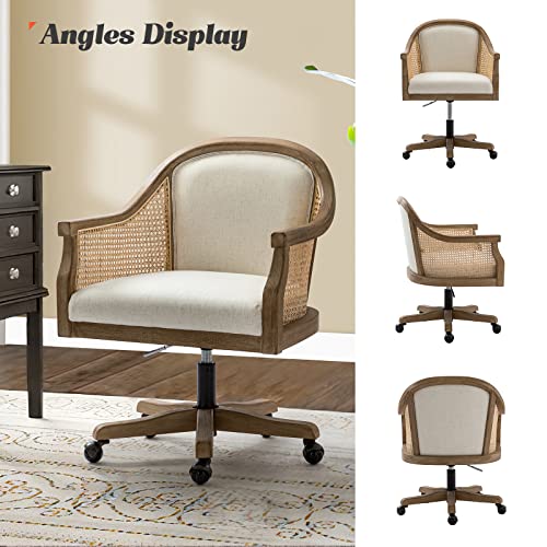 HULALA HOME Rattan Desk Chair, Upholstered Swivel Office Chair with Armrest, Ivory Z2505