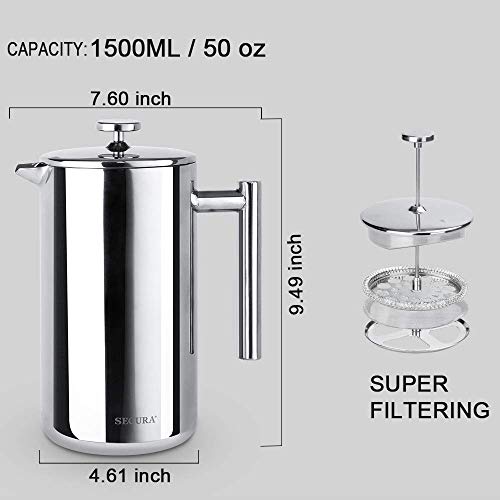 Secura French Press Coffee Maker, 34oz Stainless Steel Insulated, Silver W447