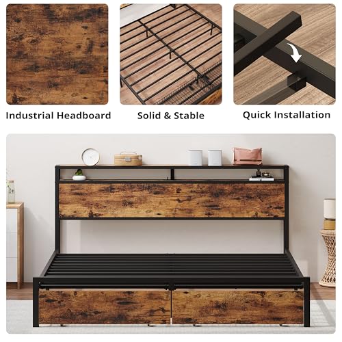 LIKIMIO King Bed Frame with Storage Headboard and Charging Station, Vintage Brown X317